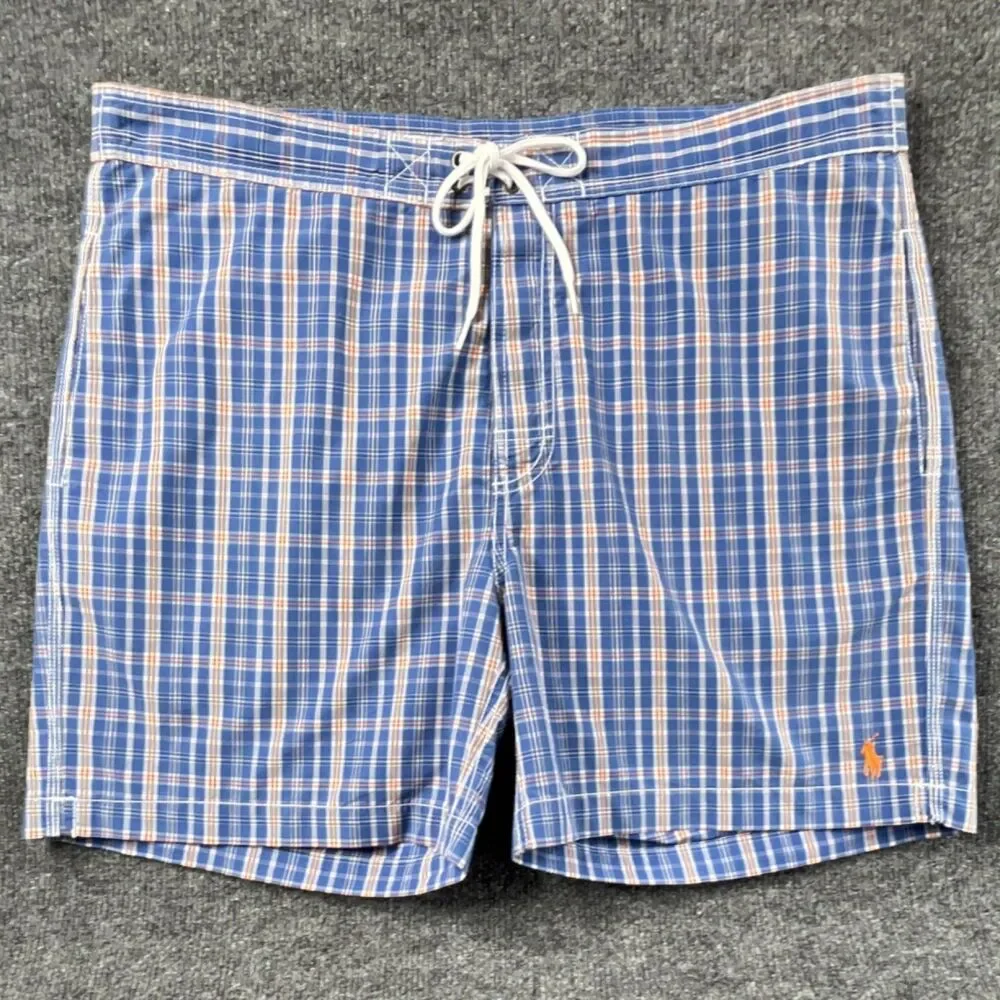 Polo Ralph Lauren Plaid Swim Trunks Blue Orange White Men's Size L Mesh Lined